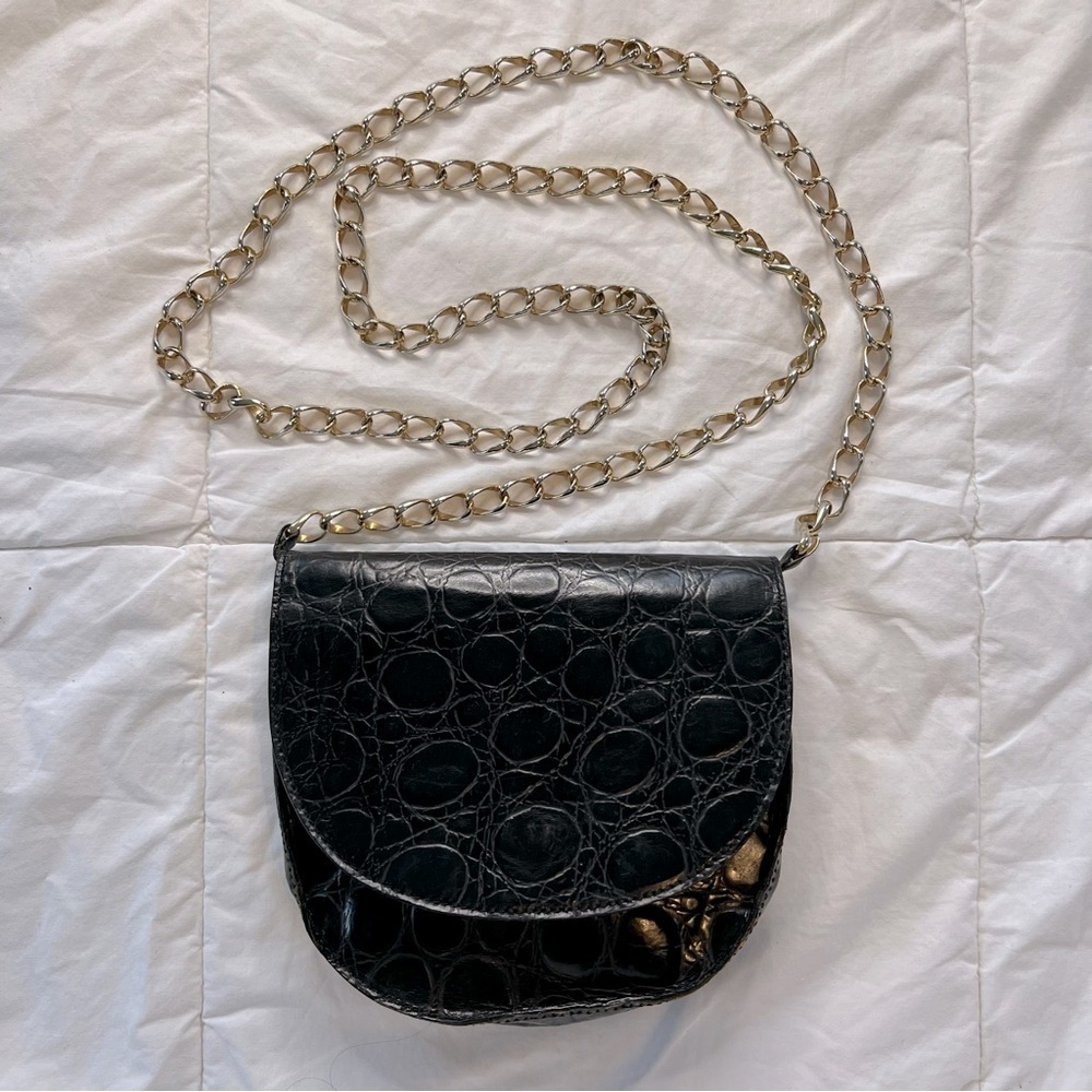 Joan & David | Vintage Calfskin Black Crossbody Bag with Silver Chain Strap